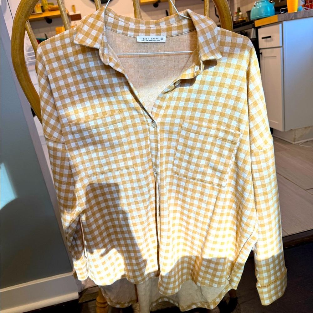 Yellow gingham style pattern button down